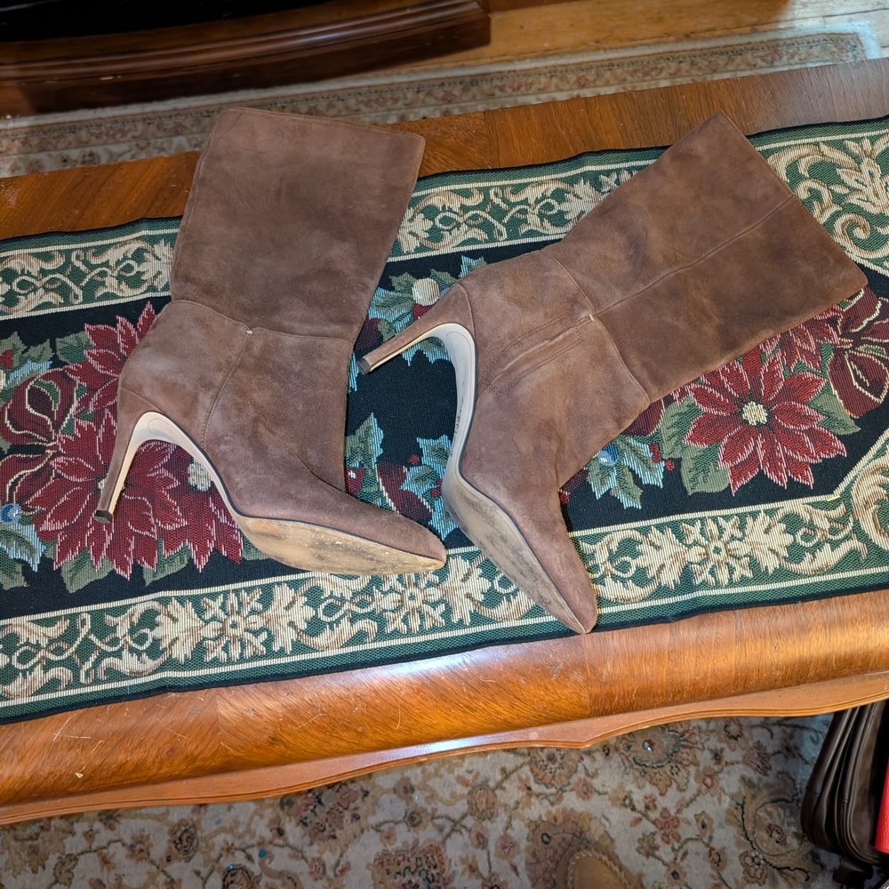 Sam Edelman Chocolate Brown Suede Ankle Boots Pointed Toe Stiletto Heel EUC